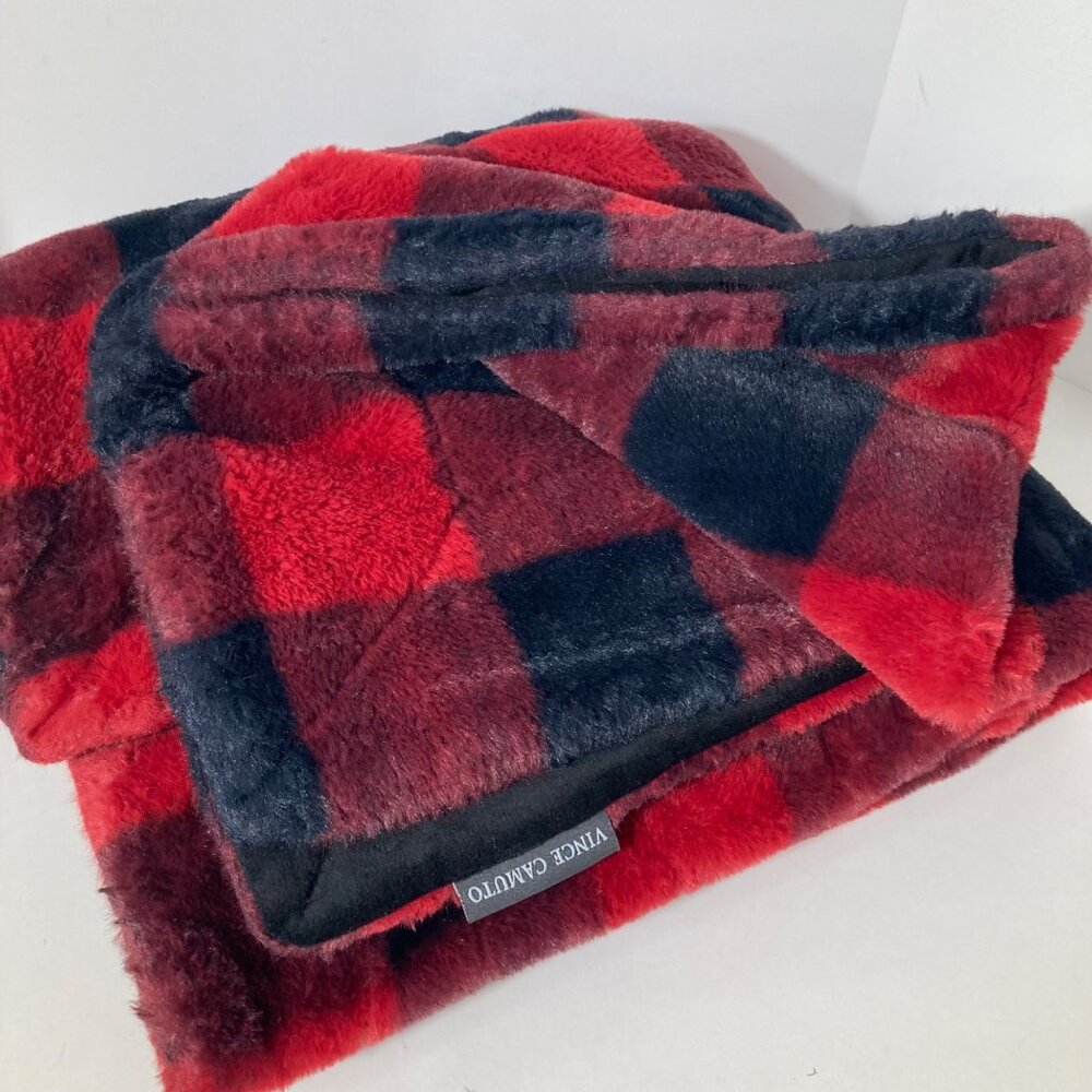 Vince Camuto Faux Rabbit Fur Buffalo Check Throw Blanket Black Red‎ 50 x 64"